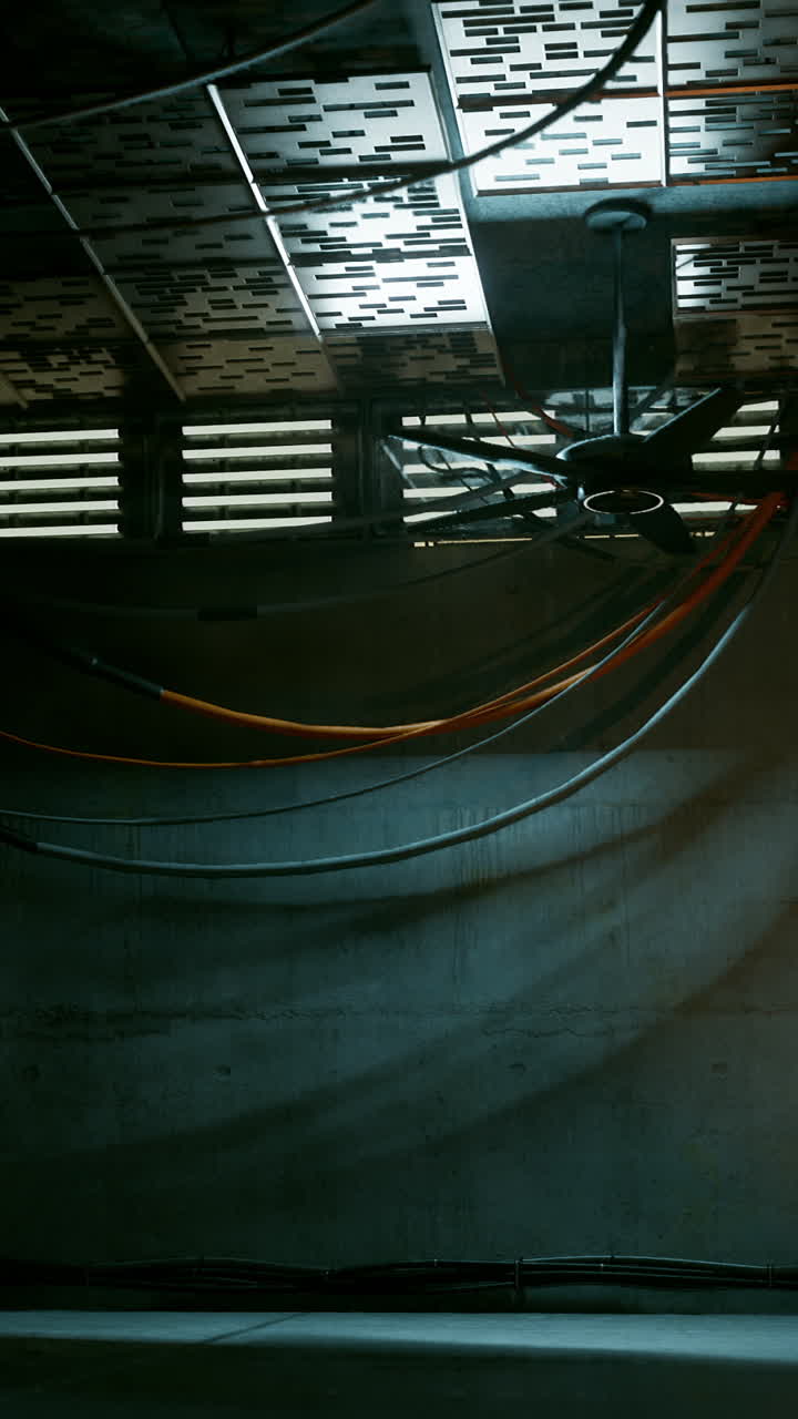 interior industrial con cables expuestos y ventilador de techo