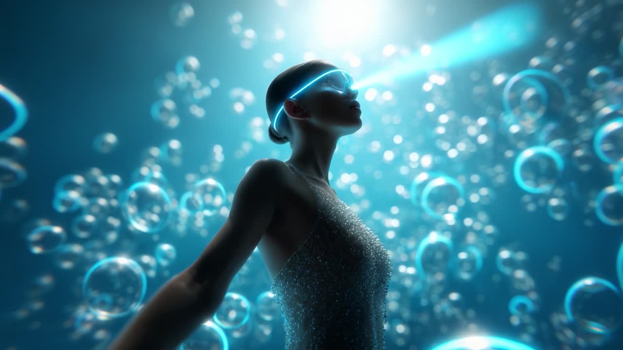 A breathtaking visual representation of a serene underwater being illuminated by ethereal lights, conveying tranquility and futuristic elements, as it interacts gracefully with sparkling bubbles surrounding it