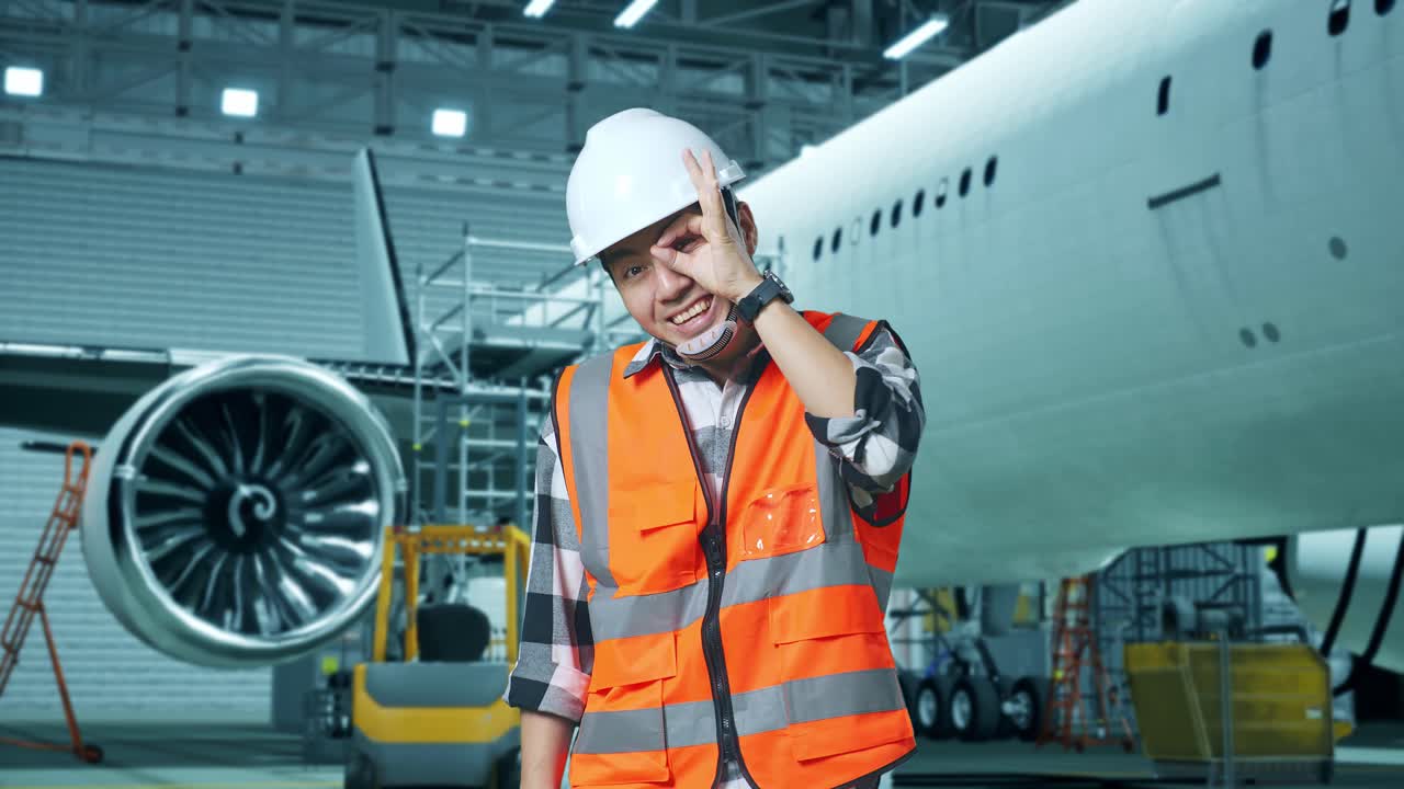 ingegnere maschio asiatico con casco di sicurezza in piedi con l'aereo nell'hangar, sorridendo alla telecamera e mostrando il segno della mano ok sopra l'occhio durante la manutenzione dell'aeromobile
