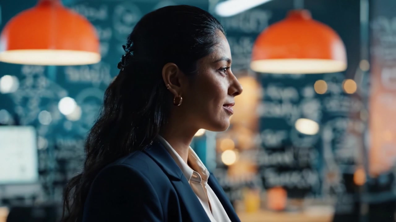 A Thoughtful Businesswoman in a Modern Workspace Contemplating Ideas Amidst Creative Energy and Innovative Theories on a Chalkboard Wall