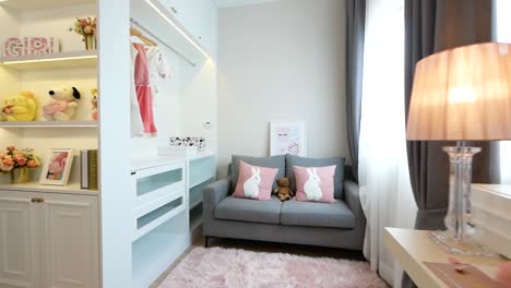 pink tone color bedroom decoration walk-through with good natural lighting