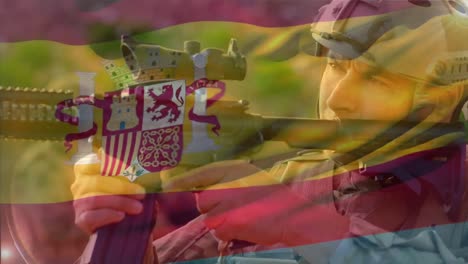 animación de la bandera de españa sobre un soldado caucásico apuntando con un rifle.