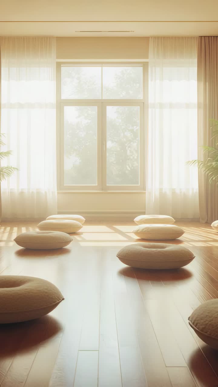 Vertical video: Shifting sunlight crossing wood floor toward window, sweeping over zabuton cushions
