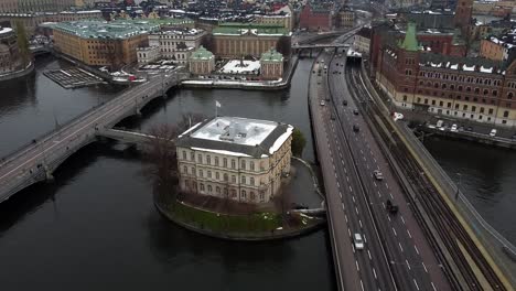 aerial establishing view of stockholm city center with large old brown buildings