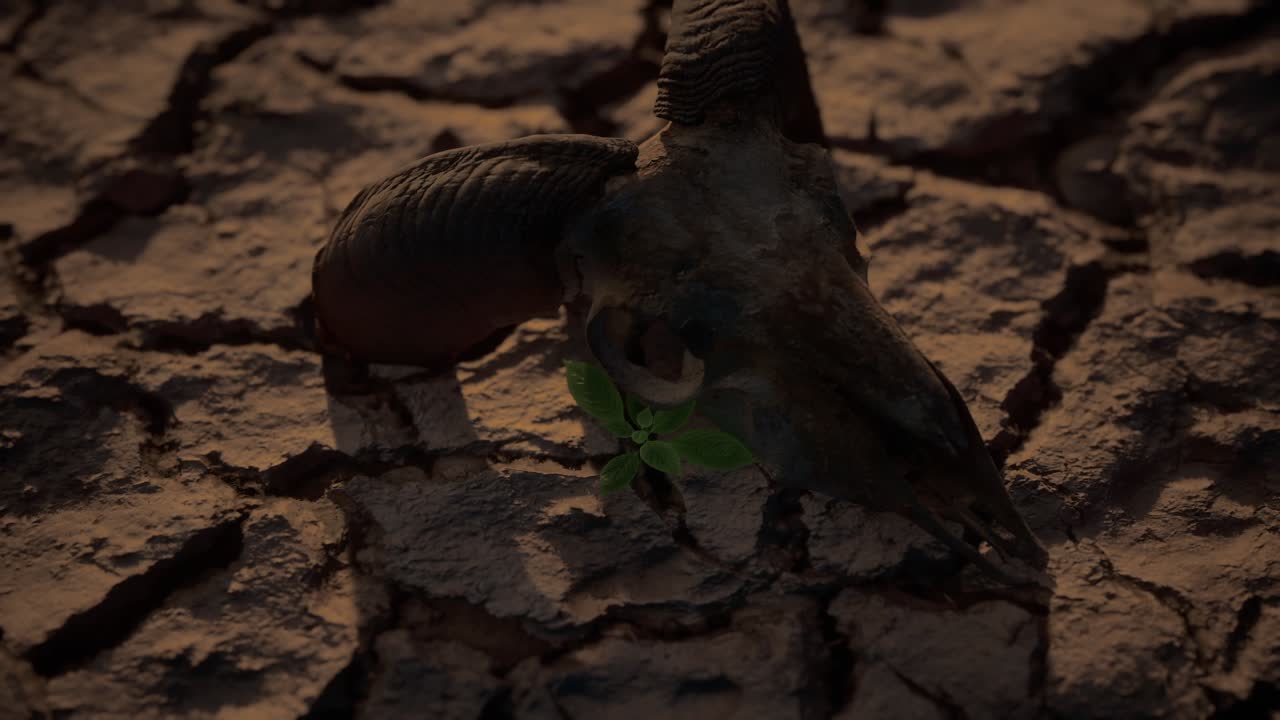 Small Green Plant Growing On Dry Ground Cracked And Bone Skull Animals, Global Warming Disaster Concept