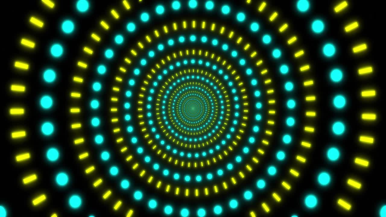 animazione di cerchi blu e gialli a neon che si muovono in movimento ipnotico su un ciclo senza cuciture