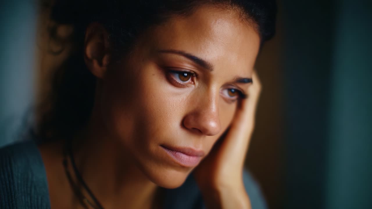 Um momento contemplativo de reflexão e profundidade emocional capturado por meio de uma série de quadros, mostrando uma mulher imersa em pensamentos e expressando vulnerabilidade