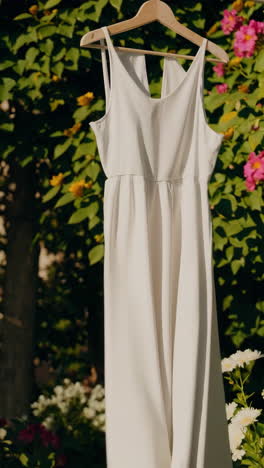 white dress hanging in a sunny garden