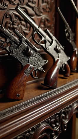 ornate antique pistols displayed on wooden cabinet