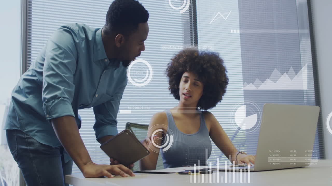 Animation of icons and data processing over diverse business people in office