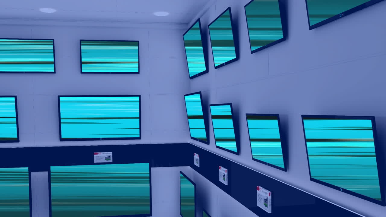 animación de filas de aparatos de televisión en la tienda con patrones en las pantallas