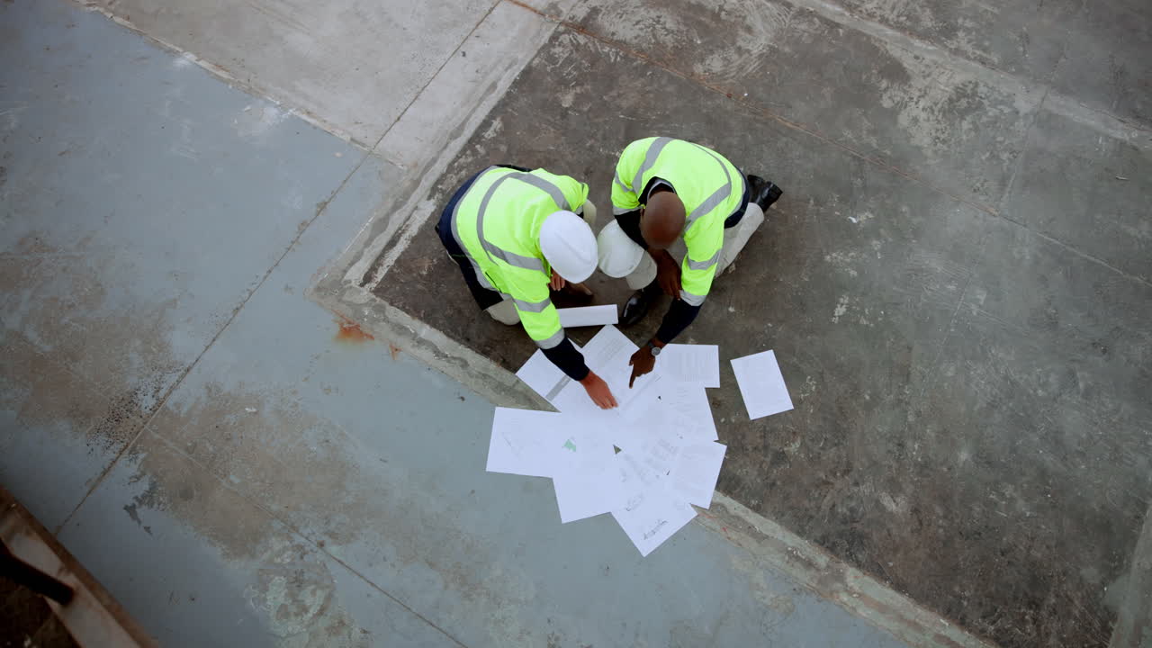 Construction workers reviewing plans on site