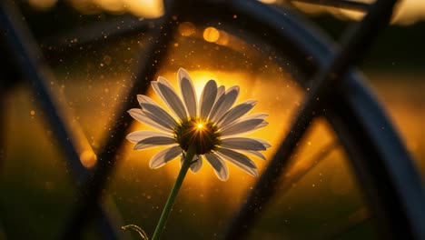 a stunning close-up of a flower illuminated by a golden sunset, framed by bicycle wheels, creating a dreamy and magical atmosphere full of light and beauty