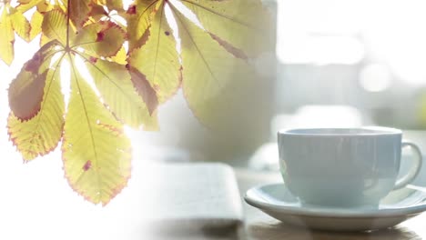 animation von lichtpunkten über herbstblättern und einer tasse kaffee.