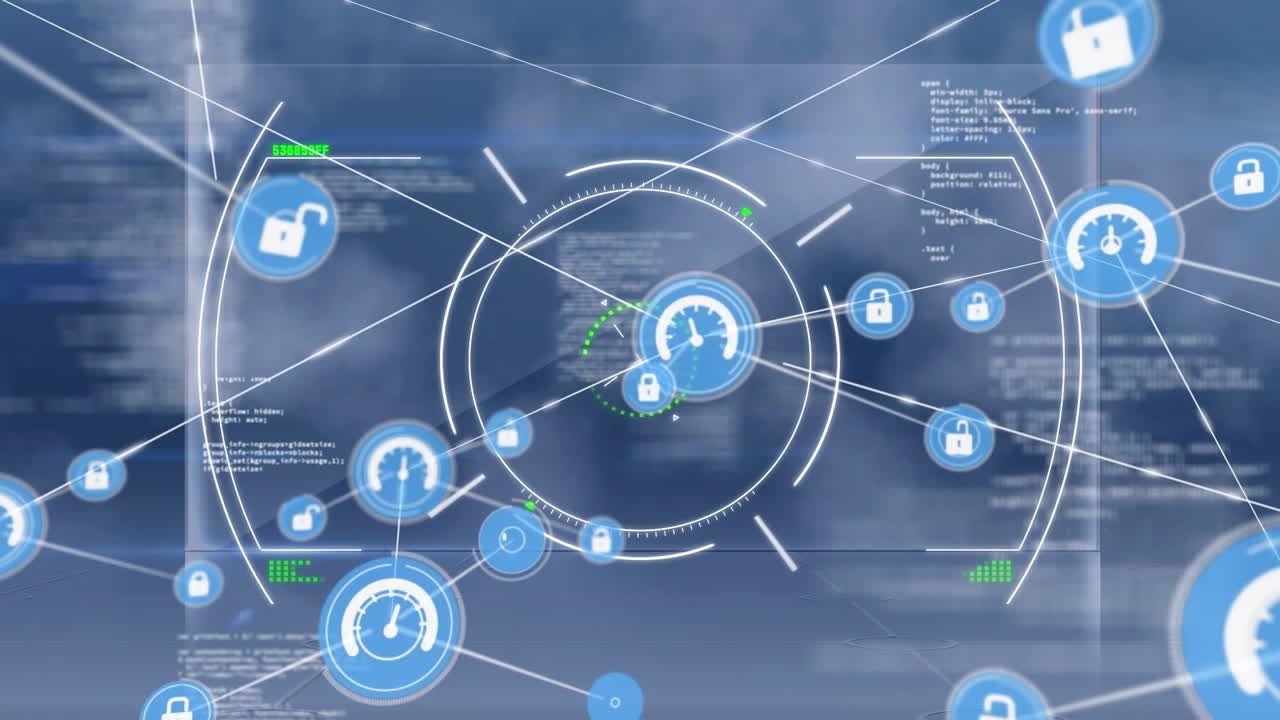 Animation of scope scanning over network of digital icons and data processing on blue background