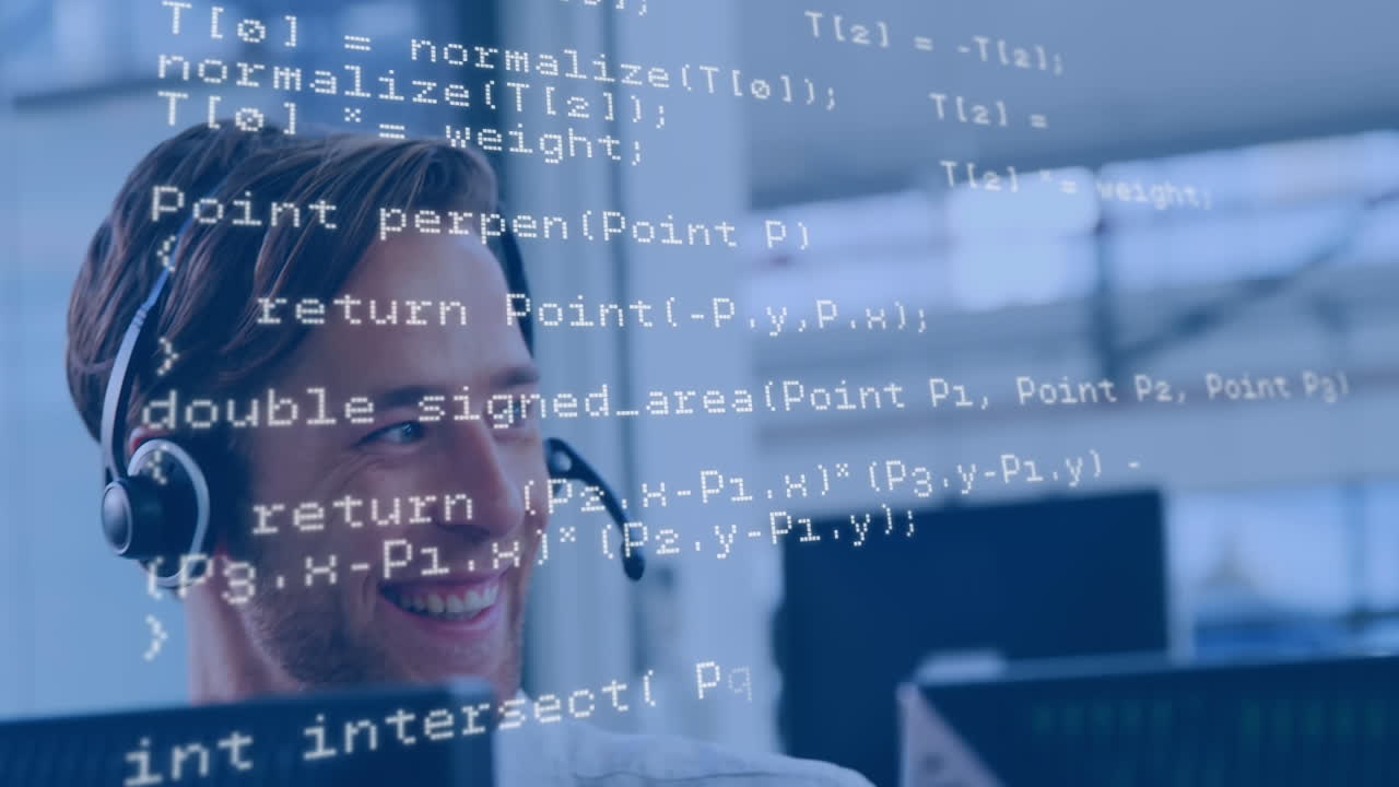 Man talking with headset using a computer