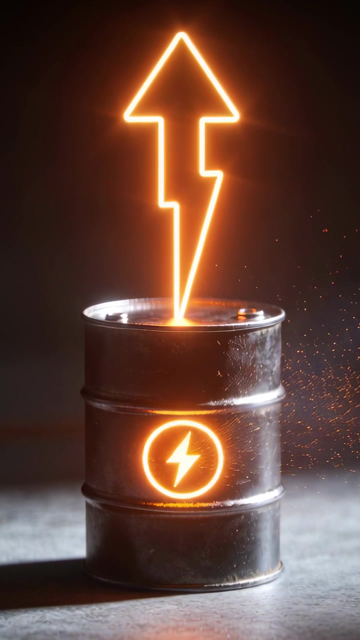 Vertical video: Emitting metal drum sending neon beam forming bolt on concrete floor pulsing emblem