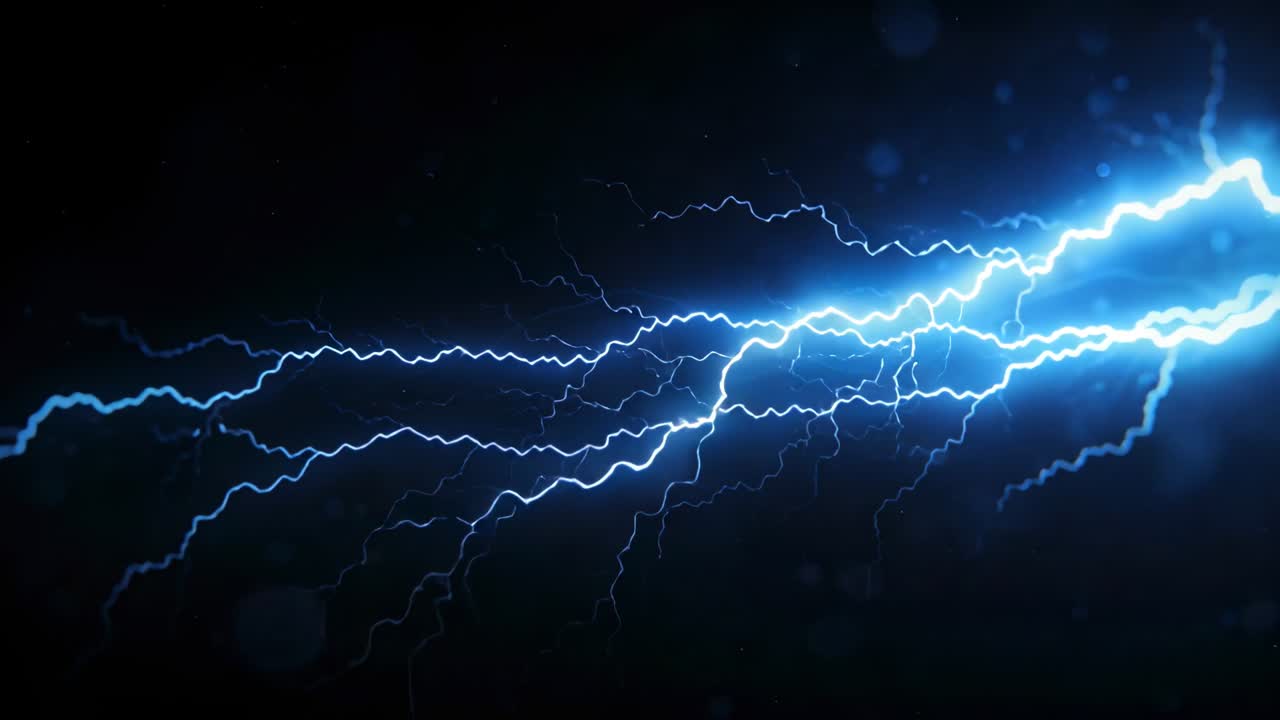 Archi elettrici blu brillante che scintilla attraversando il vuoto oscuro, formando un nastro intrecciato con viticci luminosi