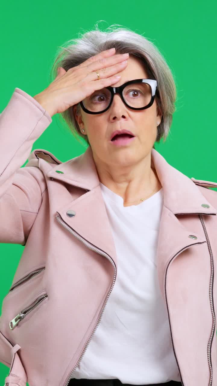 Mature Woman Expressing Stress and Relief on Green Screen