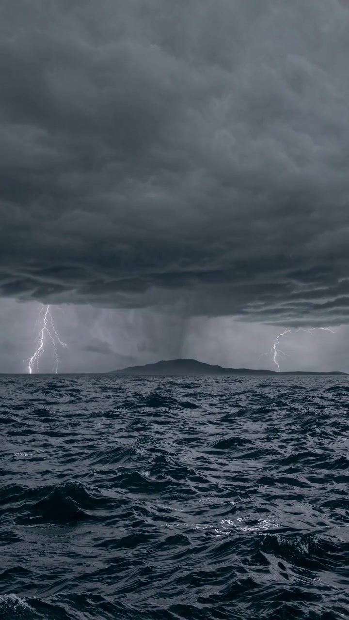 Lynnedslag over mørkt stormfuldt hav og en fjern ø