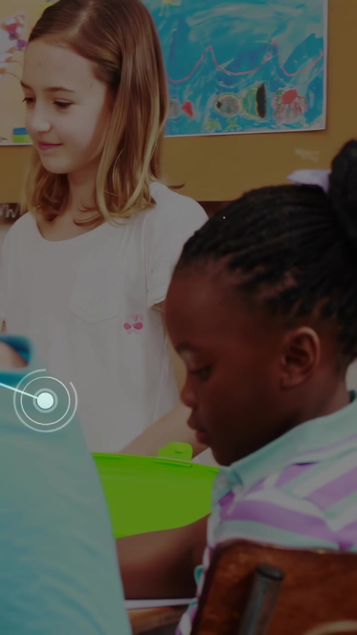 Vertical video: Standing kid reaching green bin as kids doing classwork network nodes overlaying