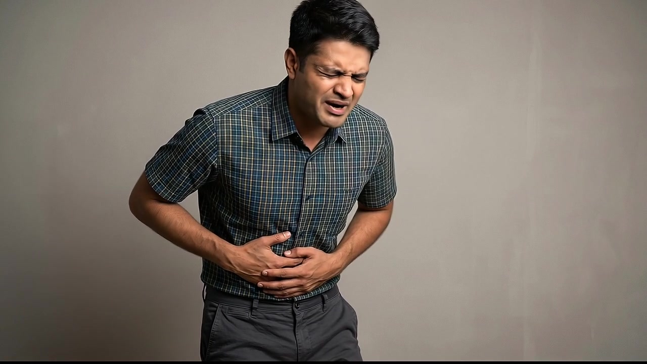 Young Adult Man Holding Stomach in Pain Experiencing Severe Abdominal Cramps