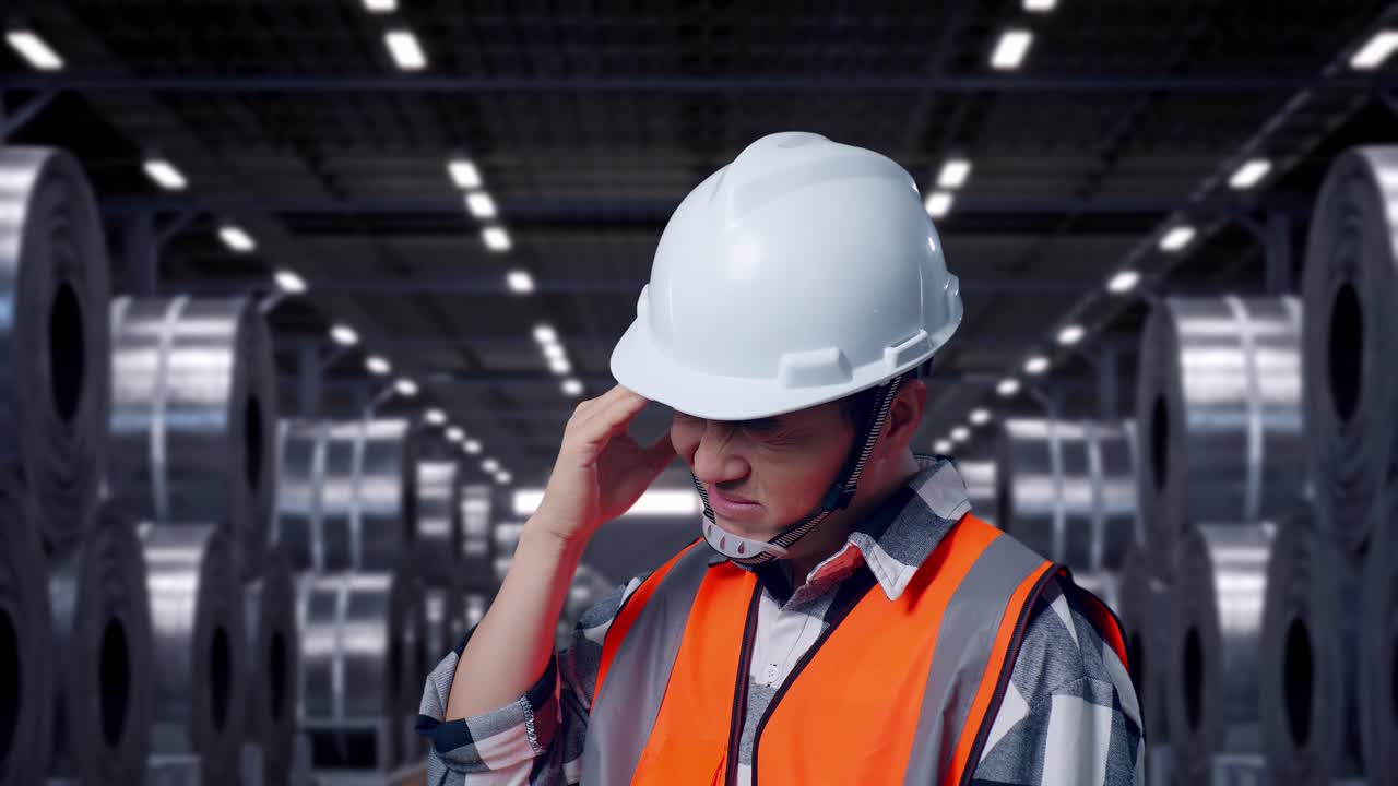 Primo piano, vista laterale di un ingegnere maschio asiatico con casco di sicurezza che ha mal di testa mentre lavora con pile di enormi bobine di acciaio metallico