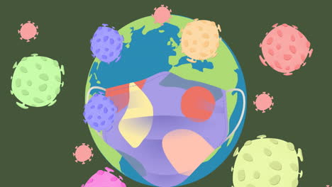 animation of falling covid 19 cells over globe wearing face mask