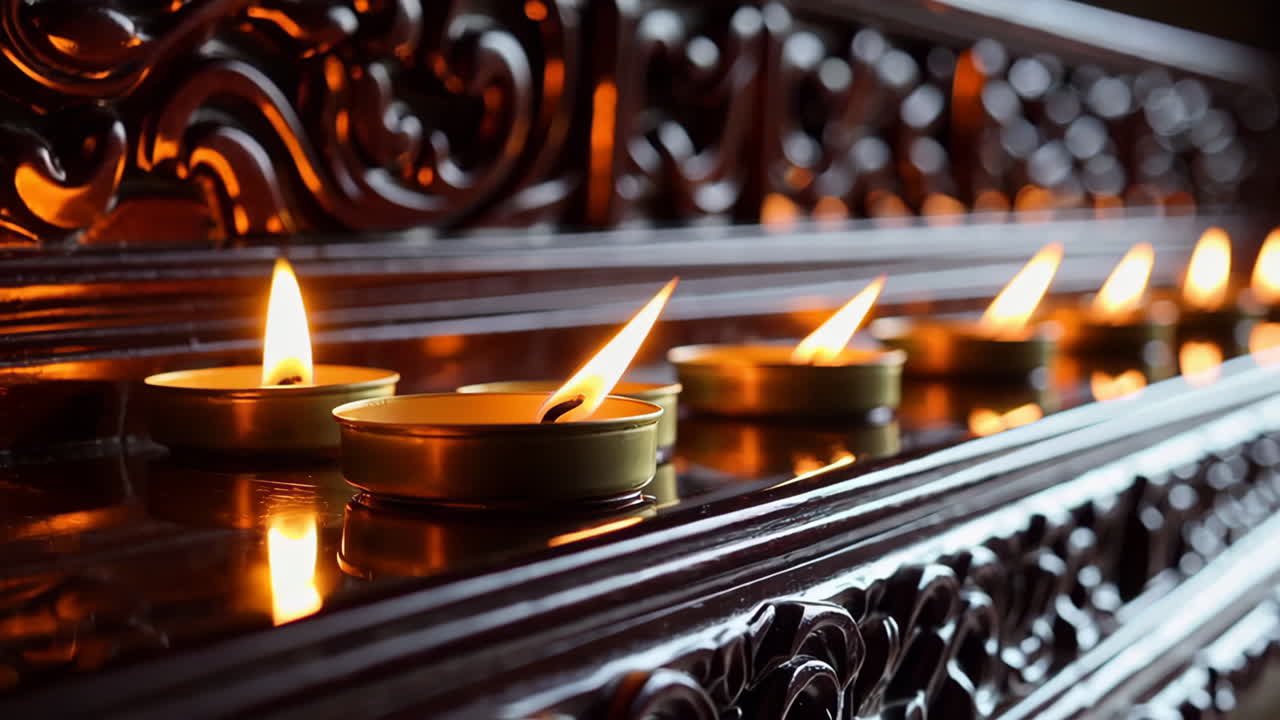 Candele accese su un altare di legno intagliato.