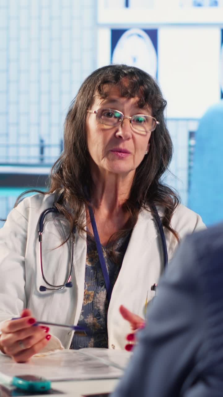 Vertical Video Senior doctor and patient discussing diagnostic results in modern medical office