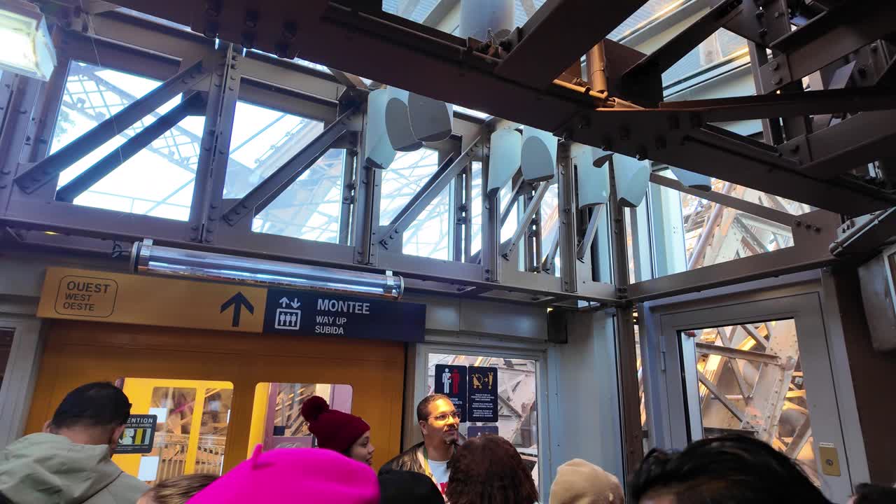 Waiting for elevator at Eiffel Tower Paris France full with tourists