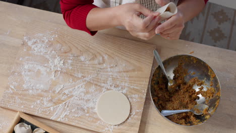 above, dumpling and hands of a cooking chef