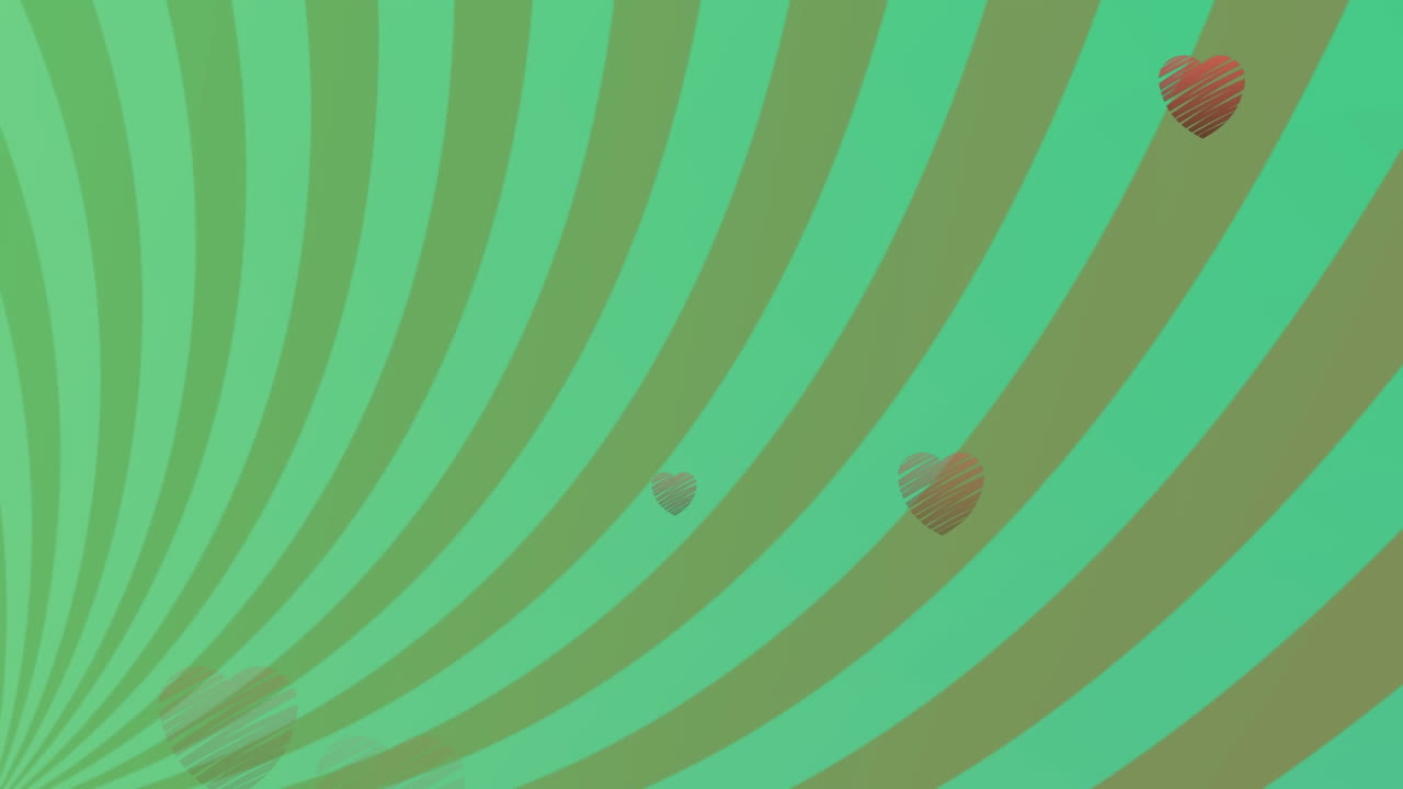 회전하는 초록색 배경 위에 떠다니는 심장의 애니메이션