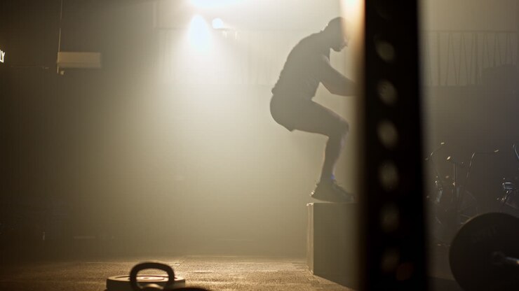 Uomo che si allena in palestra con box jump