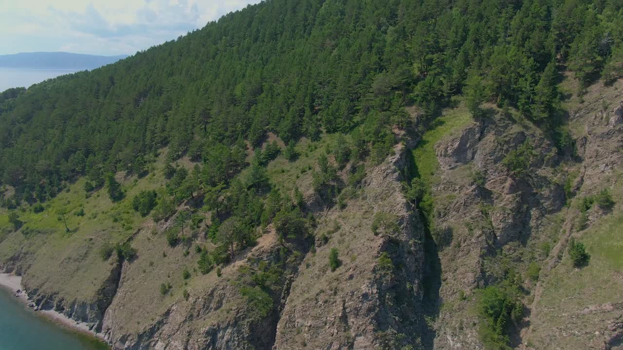 costa montañosa con bosque y lago