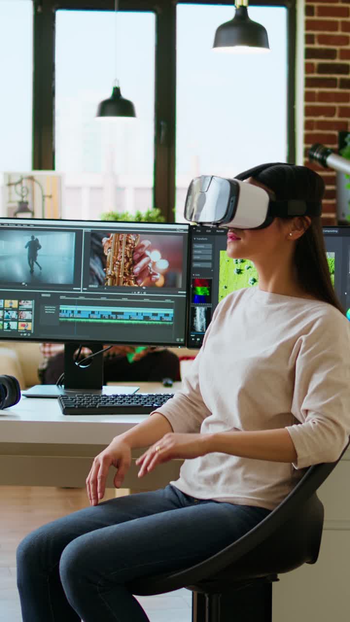 Vertical Video Asian modern editor using virtual reality glasses and mixing video clips