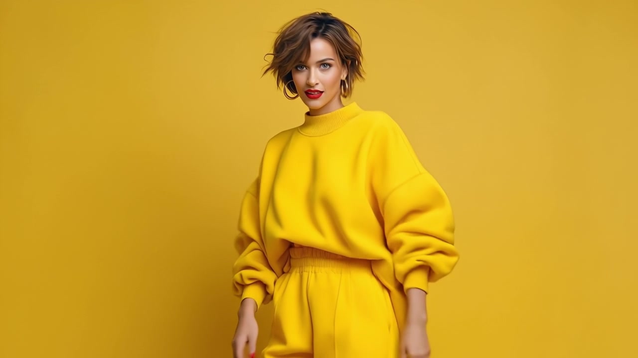 Giovane donna alla moda in una tuta gialla che posa e sorride su uno sfondo giallo.