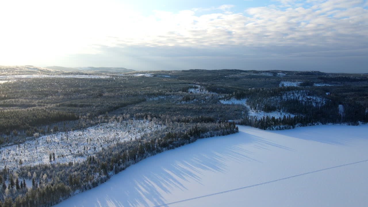 Aerial over a frozen winter landscape