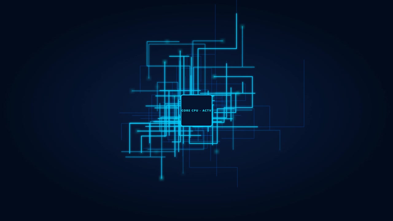 Digital CPU Processor Chip with Glowing Data Circuit Lines
