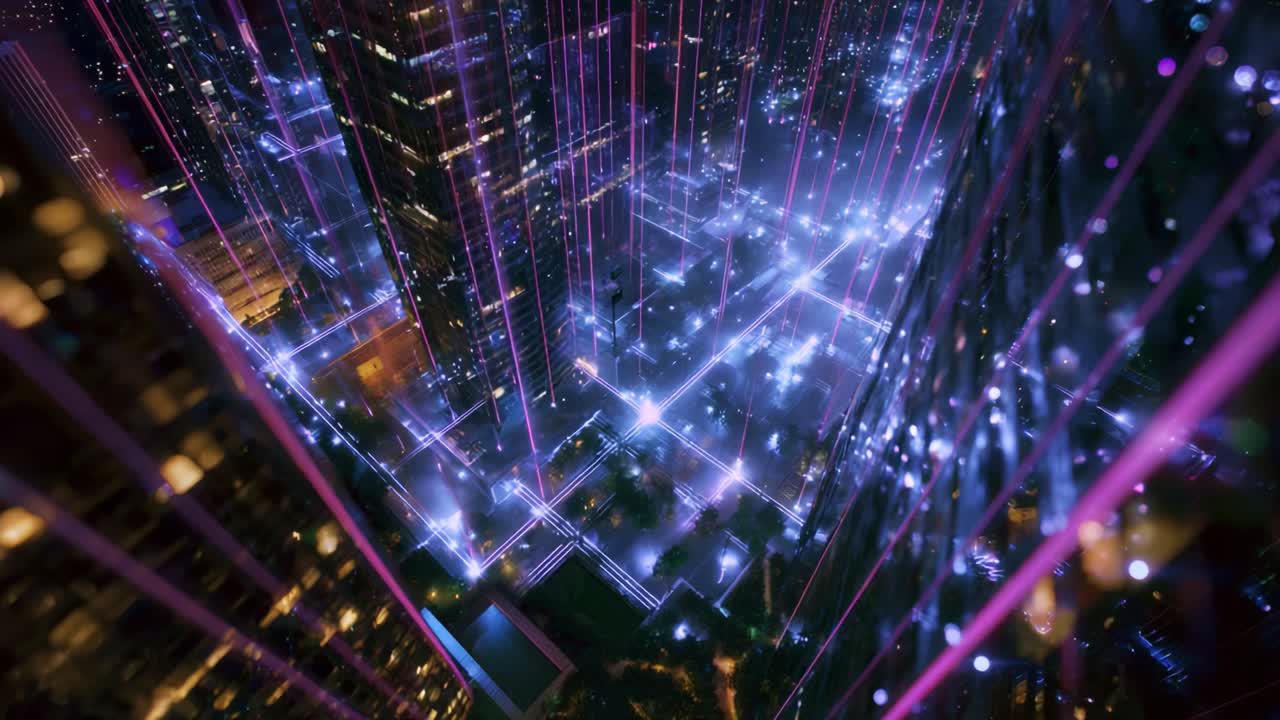 A Majestic Aerial View of a Futuristic Cityscape Illuminated by Glowing Neon Lights and Dynamic Laser Displays, Creating a Vibrant, High-Tech Environment Full of Life and Energy