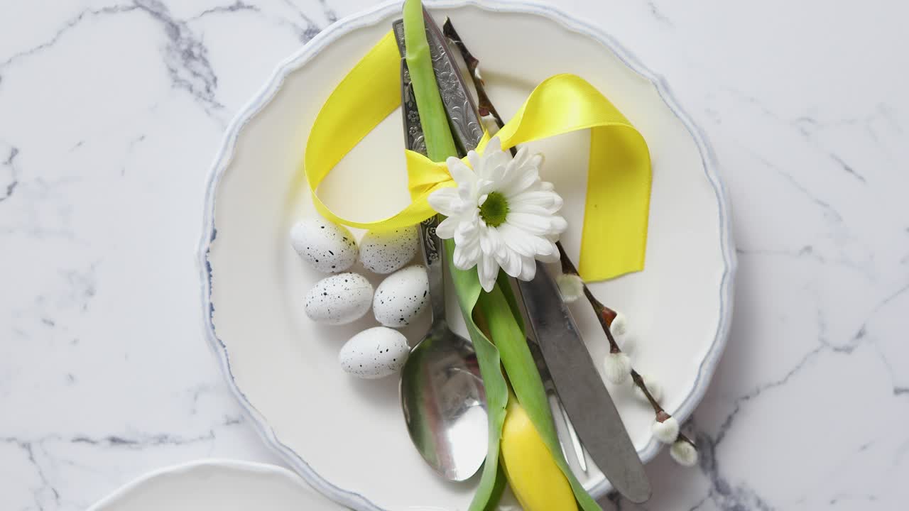 Spring Easter Table setting at white marble table  Top view
