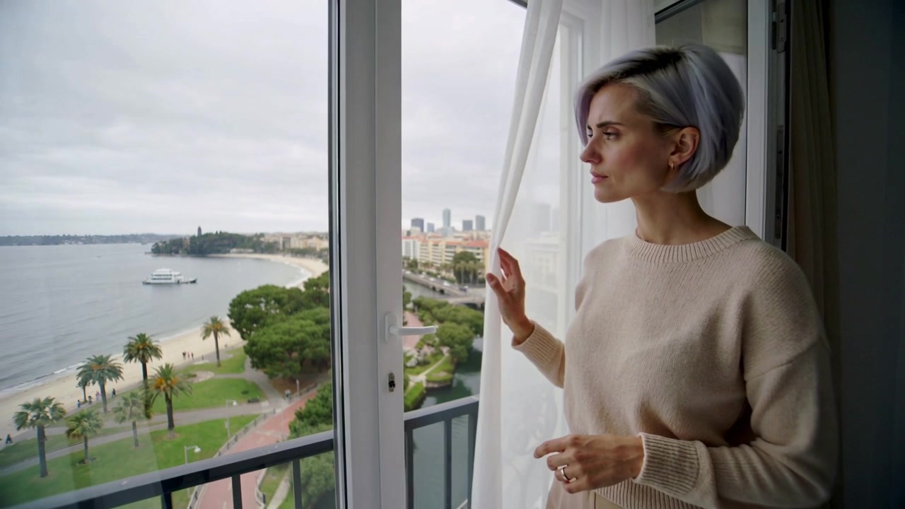 Donna in maglione beige che scosta una tenda da una porta-finestra, rivelando il porto, con spazio per il testo.
