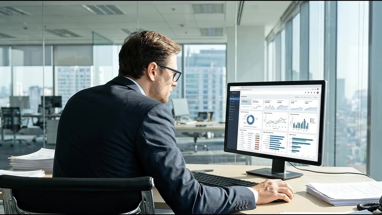 Businessman Analyzing Financial Data on Computer in Modern Office
