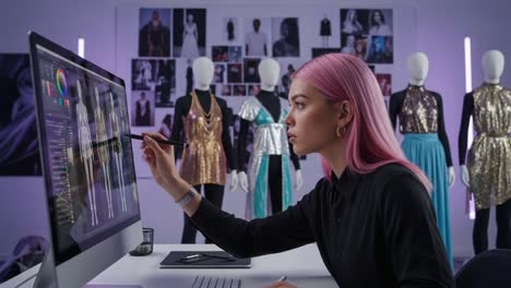creative fashion designer engaged in digital design process with tailored clothing mannequins in a modern studio setting