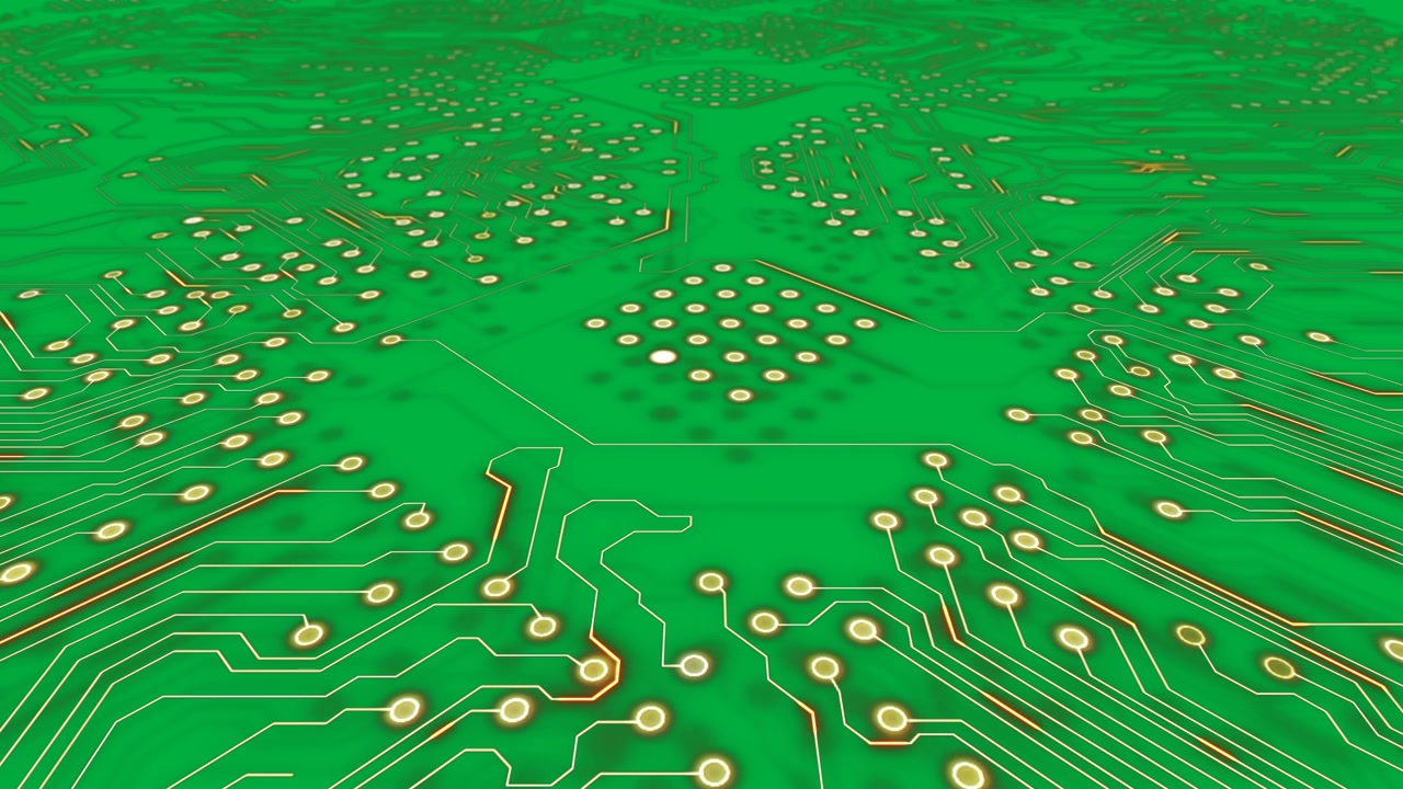 Animation of orange computer circuit network with light trails moving on transparent background