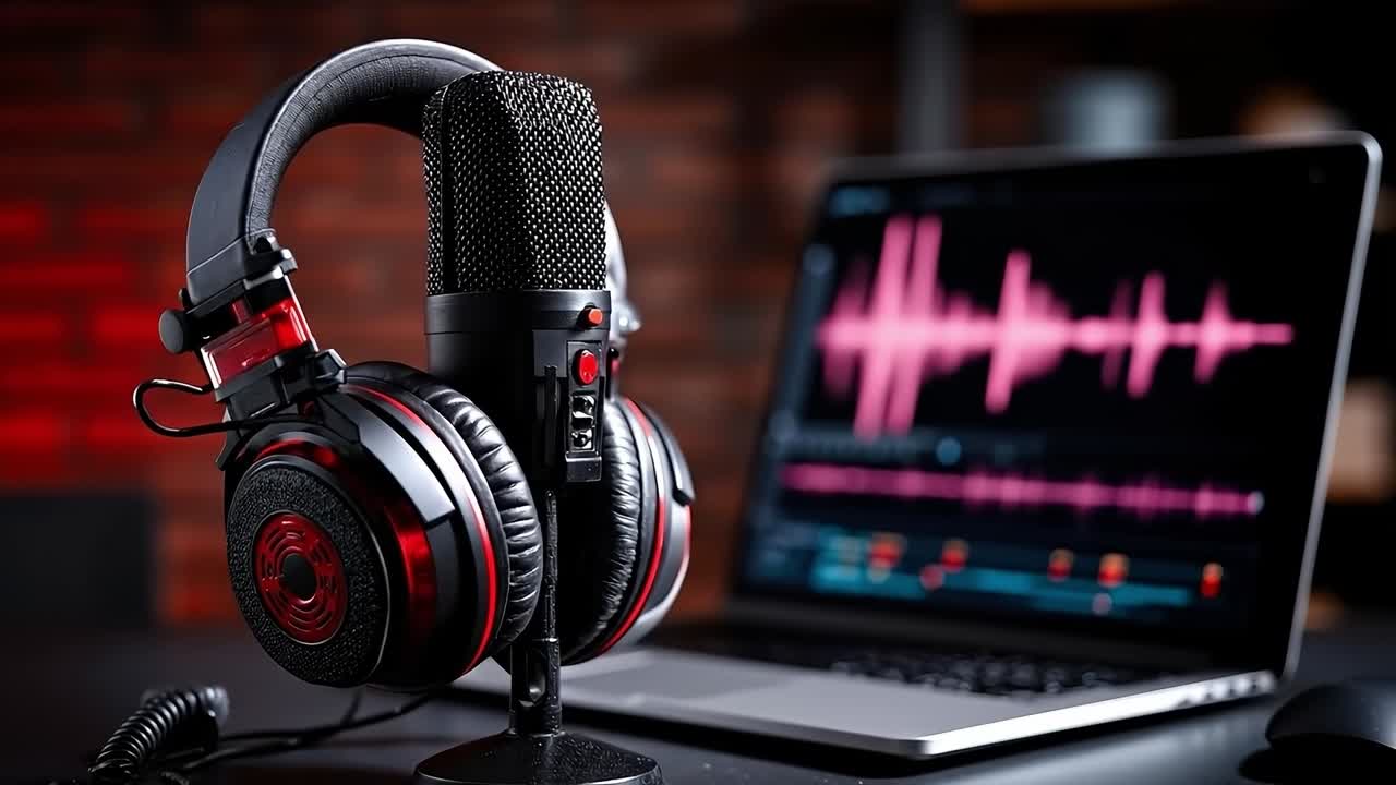 A laptop computer sitting on top of a desk next to a microphone and headphones