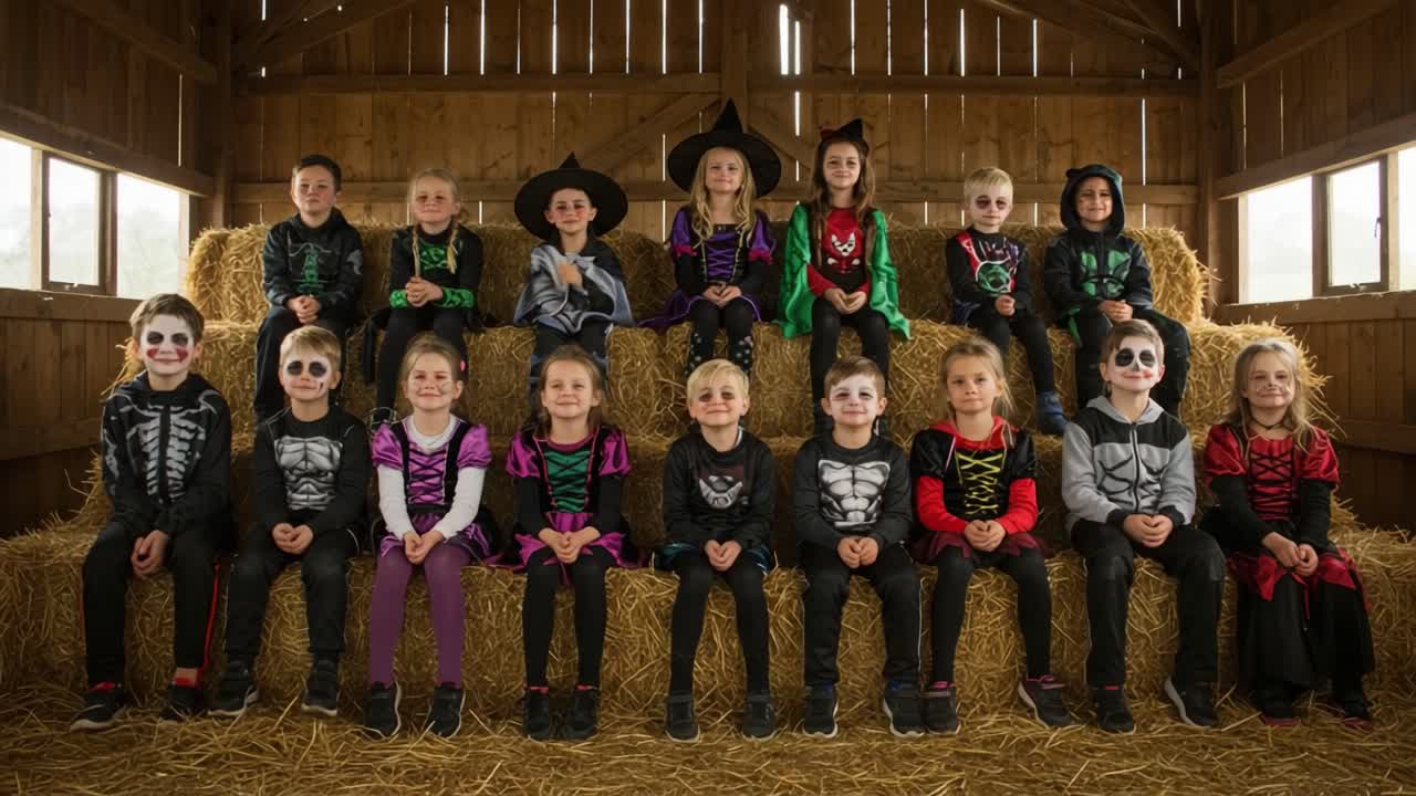 A Costume Extravaganza: Children Gather for a Spooky Celebration in Their Creative Halloween Outfits, Posing Together in a Rustic Barn Setting