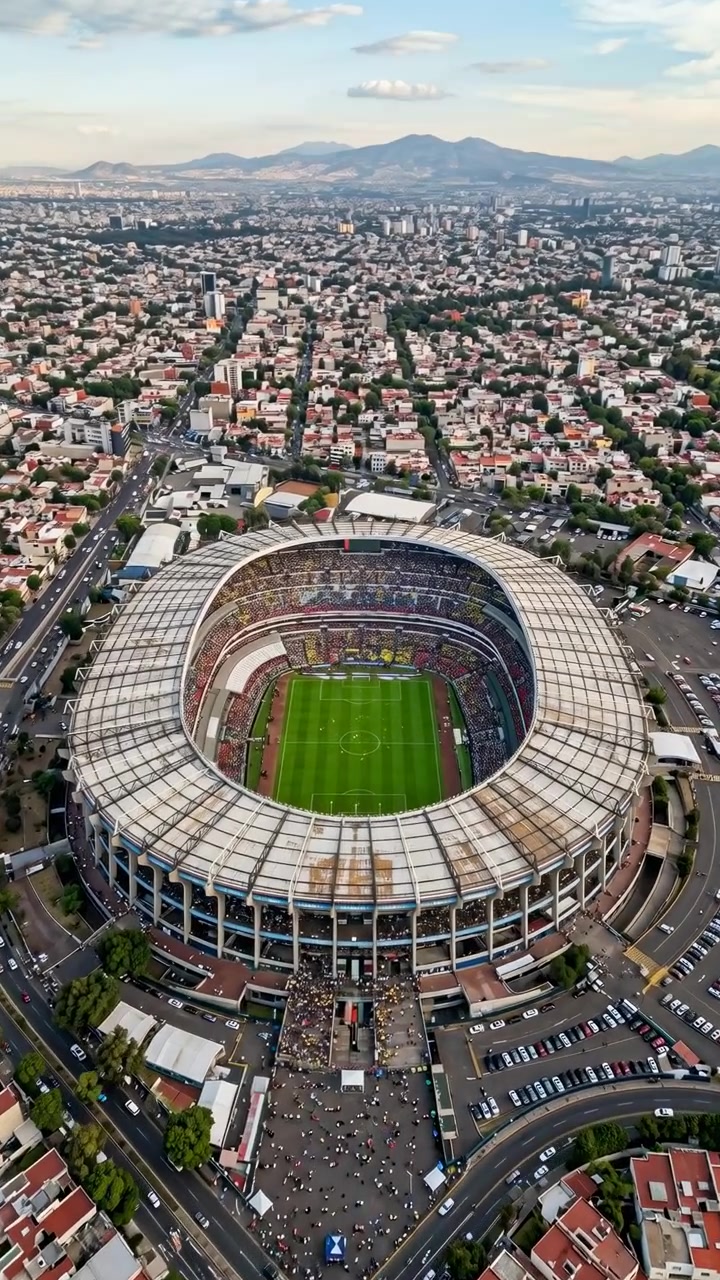 Prospettiva aerea ripida da drone mostra un grande stadio circolare pieno di spettatori e un campo verde brillante mentre folle dense fluiscono attraverso la piazza dell'ingresso principale, fanno la fila ai controlli e circondano le strade vicine
