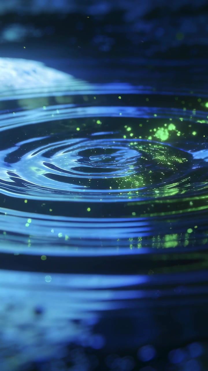 Vertical video: Droplet striking water surface creating concentric ripples at pool with green dots