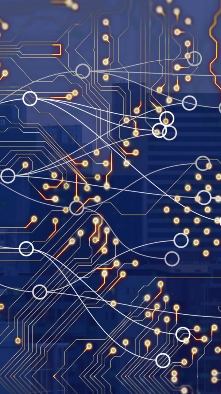 Animation of network of connections and computer circuit board over cityscape